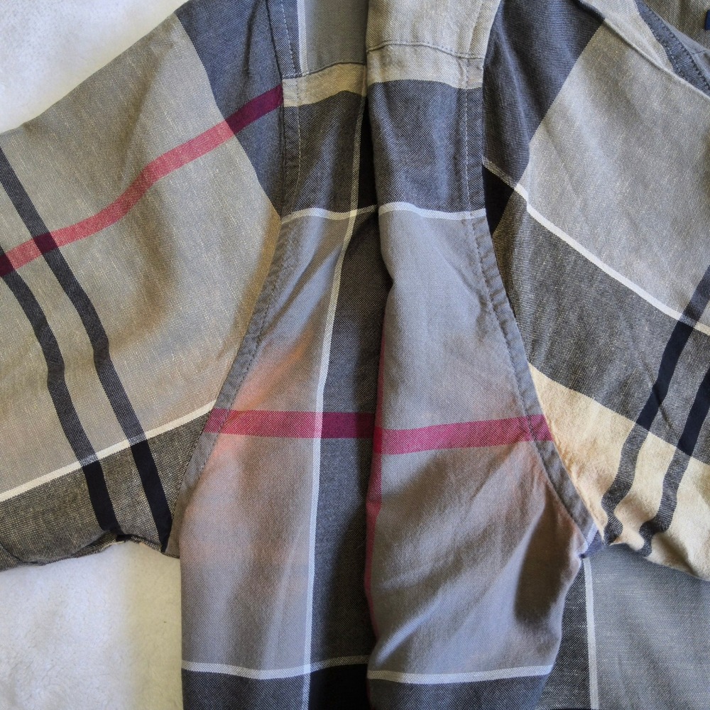 Barbour Button Down Shirt Mens Large Tartan Plaid Cotton Linen Tailored Fit READ - Picture 4 of 8